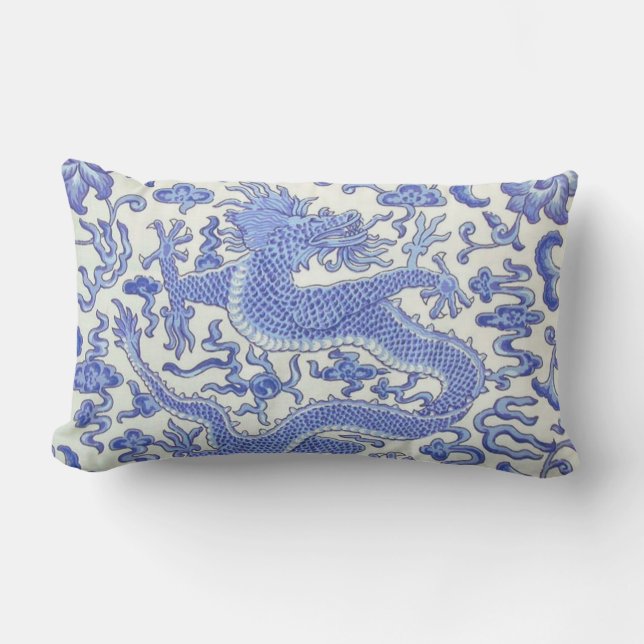 Blue and White Chinese Oriental Dragon Floral  Lumbar Pillow (Front)
