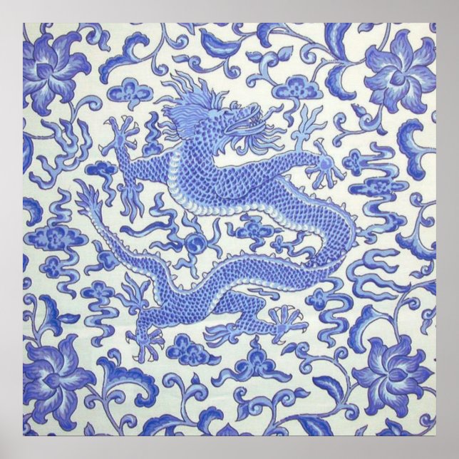Blue and White Chinese Oriental Dragon Floral  Poster (Front)