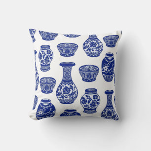 Blue and White Chinese Porcelain Pottery Vases Throw Pillow