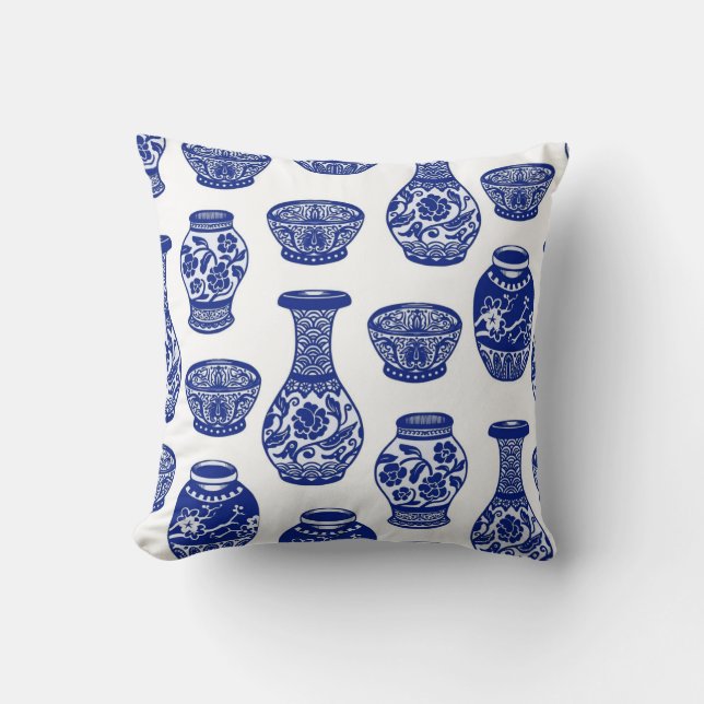 Blue and White Chinese Porcelain Pottery Vases Throw Pillow (Front)