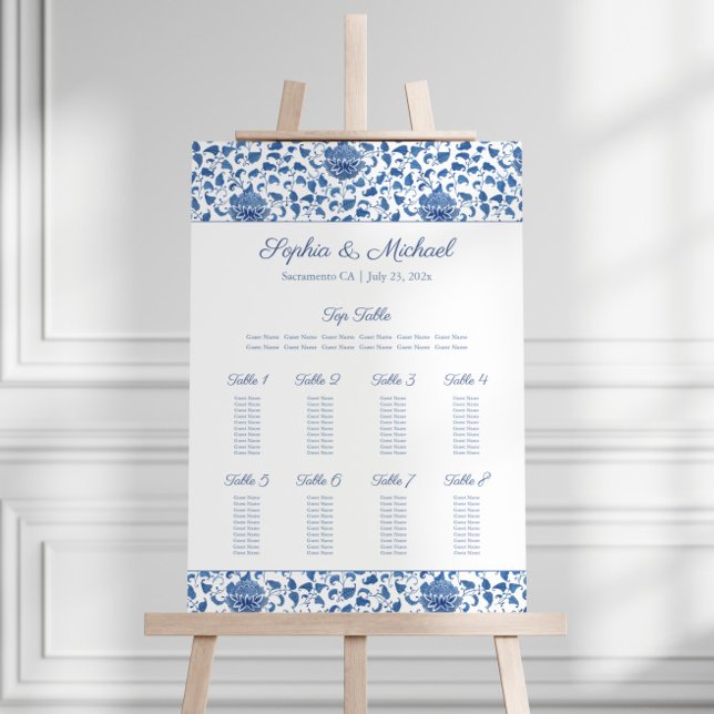 Blue And White Chinoiserie 8 Tables Seating Chart Foam Board (8 tables wedding seating chart plus top table. Hand painted blue and white Chinese inspired pattern)