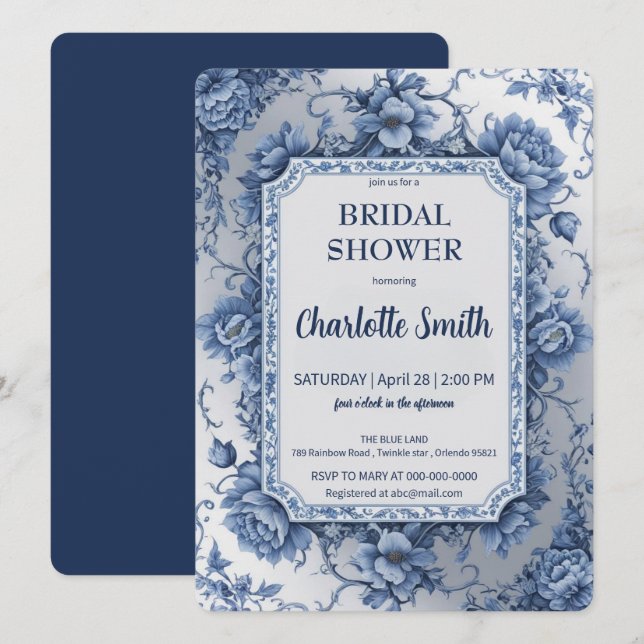Blue and white Chinoiserie antique bridal shower Invitation (Front/Back)