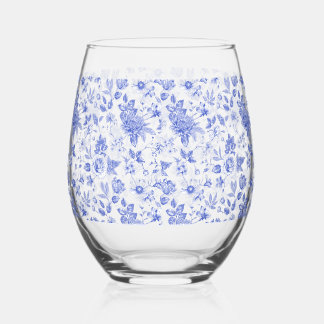 Blue and white Chinoiserie antique bridal shower Stemless Wine Glass