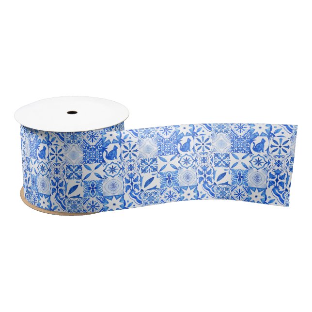 blue and white Chinoiserie antique Cat Pattern Satin Ribbon (Spool)
