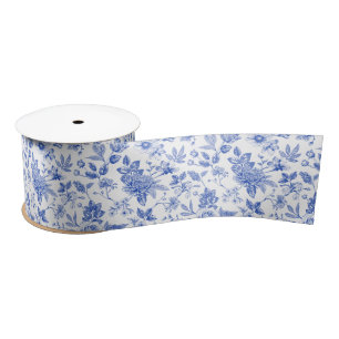 blue and white Chinoiserie antique flower Pattern Satin Ribbon