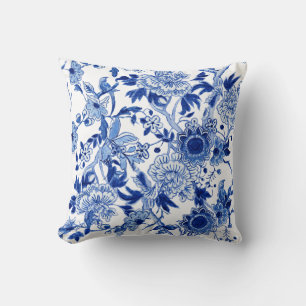 Blue and White Chinoiserie Bird Floral n Foliage  Throw Pillow
