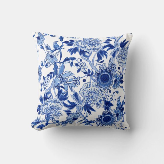 Blue and White Chinoiserie Bird Floral n Foliage  Throw Pillow (Front)