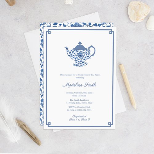 Blue And White Chinoiserie Bridal Shower Tea Party Invitation