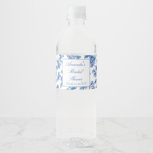 Blue and White Chinoiserie Bridal Shower  Water Bottle Label (Front)