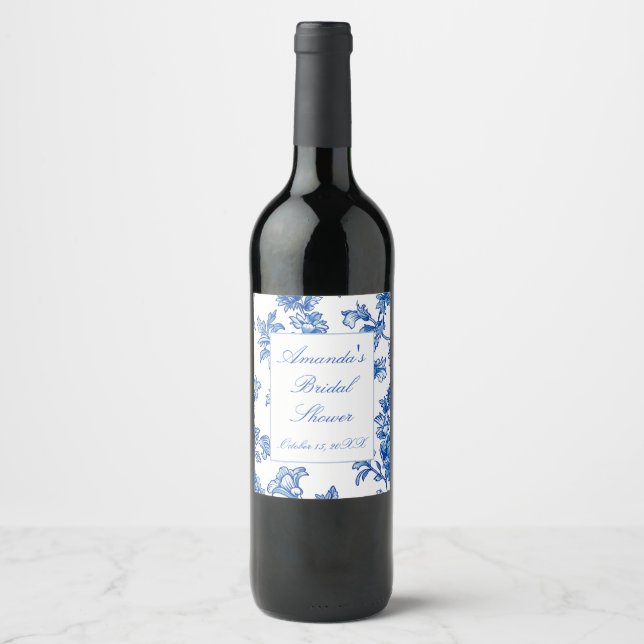 Blue and White Chinoiserie Bridal Shower  Wine Label (Front)