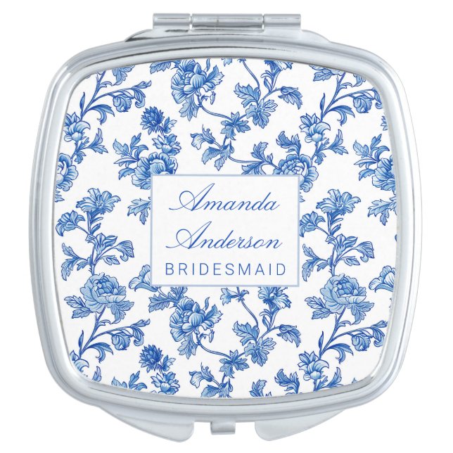 Blue and White Chinoiserie Bridesmaid Gift Compact Mirror (Front)