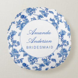 Blue and White Chinoiserie Bridesmaid Gift Round Pillow
