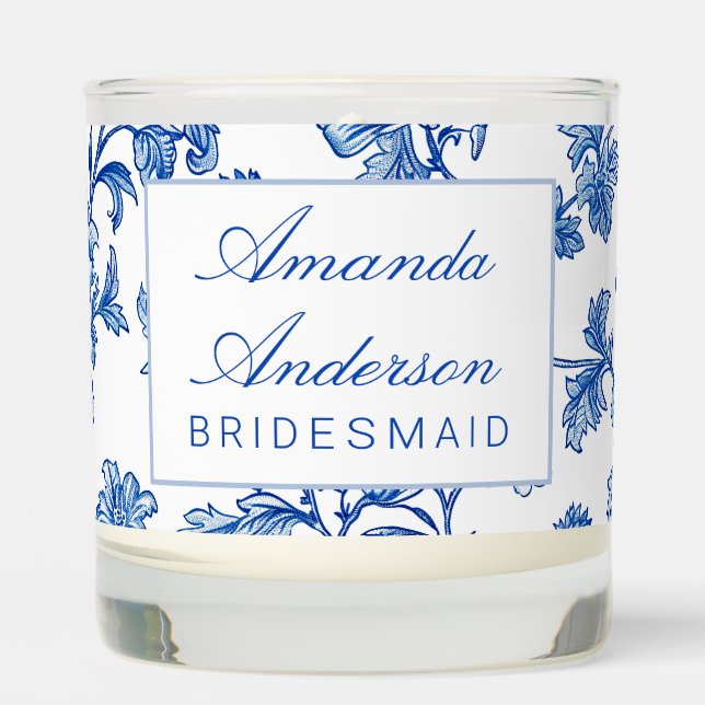 Blue and White Chinoiserie Bridesmaid Gift Scented Candle (Front)