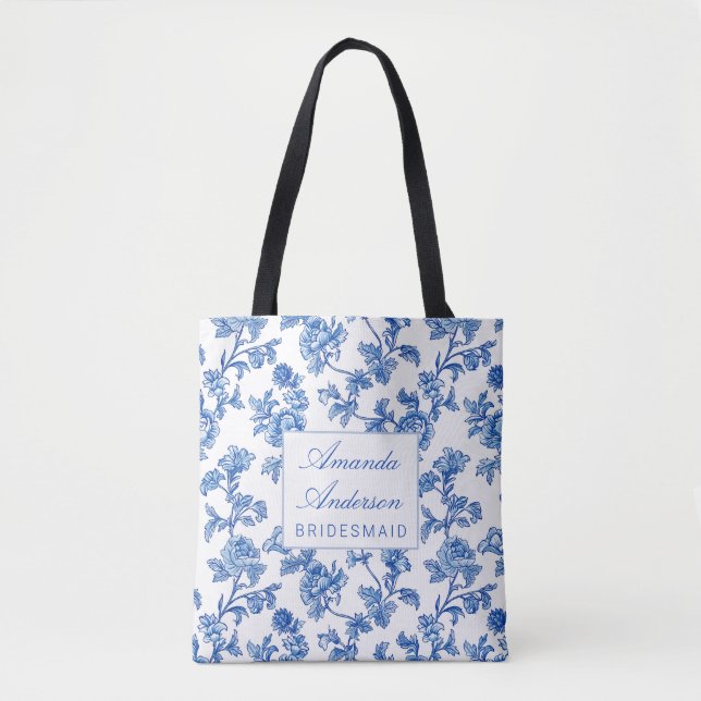 Blue and White Chinoiserie Bridesmaid Gift Tote Bag (Front)