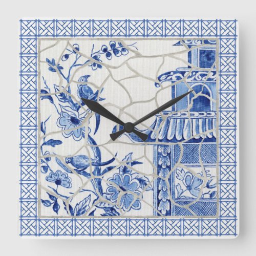 Blue and White Chinoiserie Chic Bird Floral Mosaic Square Wall Clock