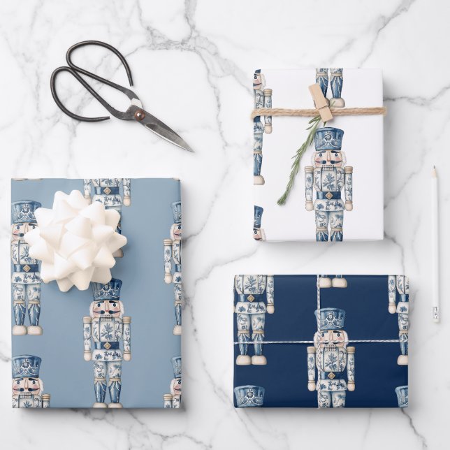 Blue and White Chinoiserie Christmas Nutcracker Wrapping Paper Sheets (Front)
