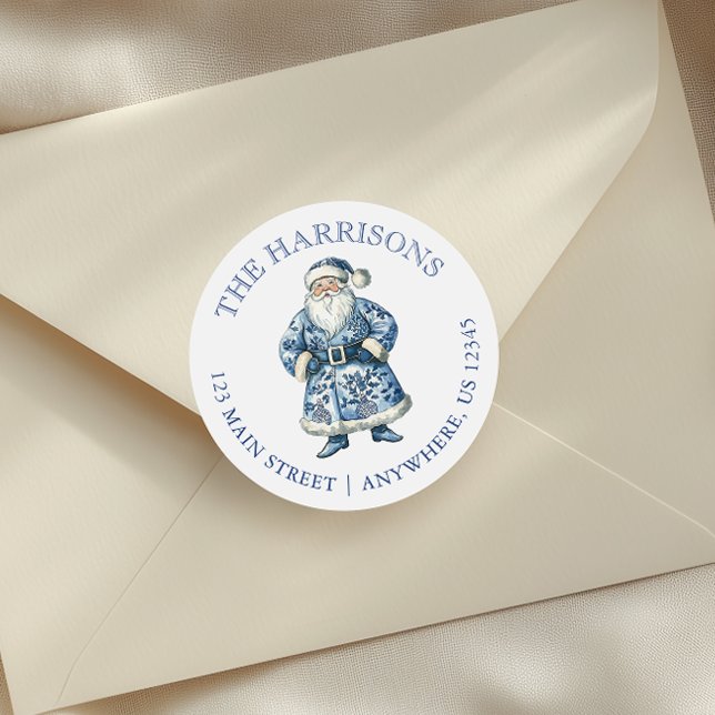 Blue and White Chinoiserie Christmas Santa Address Classic Round Sticker (Creator Uploaded)