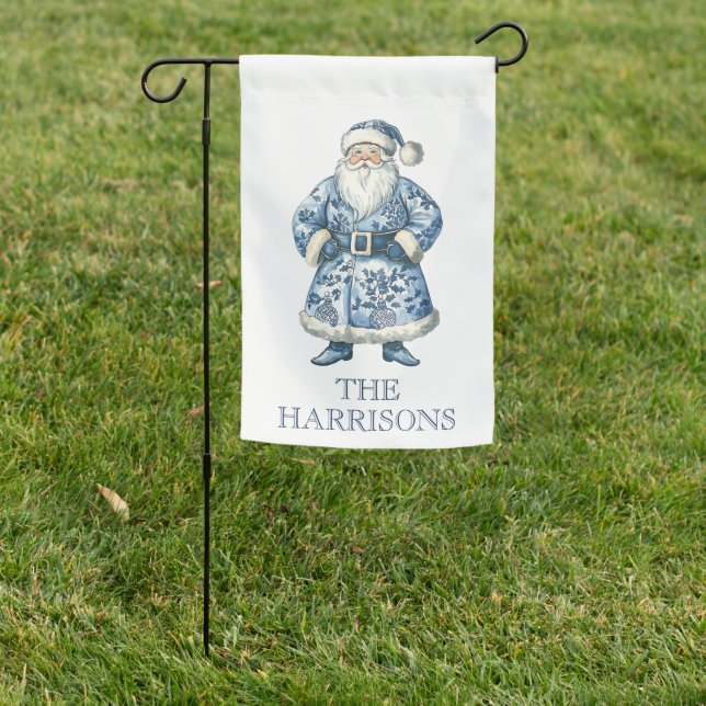 Blue and White Chinoiserie Christmas Santa Garden Flag (In SItu)