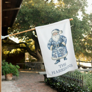 Blue and White Chinoiserie Christmas Santa House Flag