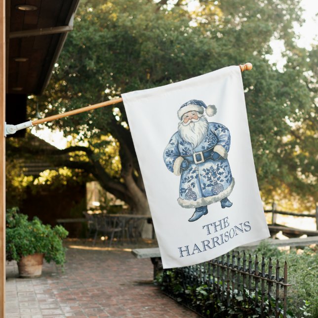Blue and White Chinoiserie Christmas Santa House Flag (In SItu)