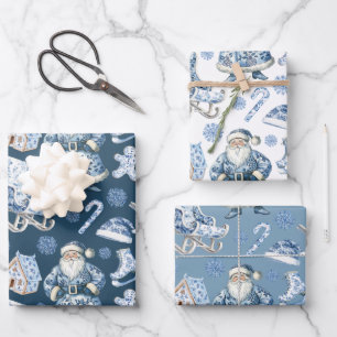Blue and White Chinoiserie Christmas Santa Wrapping Paper Sheets