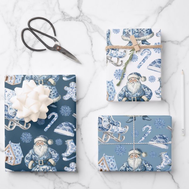Blue and White Chinoiserie Christmas Santa Wrapping Paper Sheets (Front)