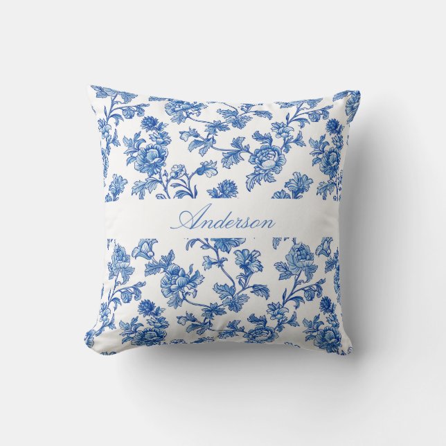 Blue and White Chinoiserie Custom Name Throw Pillow (Front)