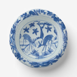 Blue and White Chinoiserie Deer Faux China Paper Bowls