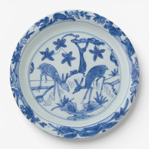 Blue and White Chinoiserie Deer Faux China Paper Plates