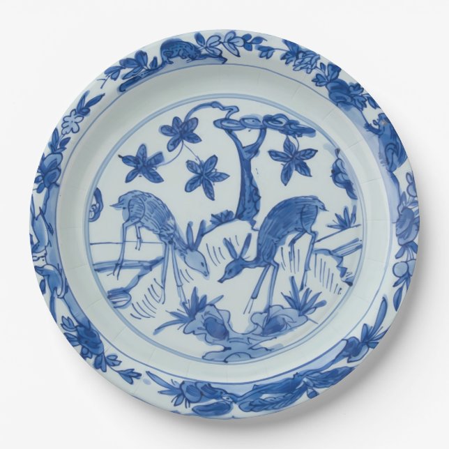 Blue and White Chinoiserie Deer Faux China Paper Plates (Front)