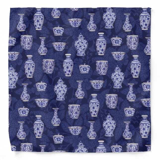 Blue and White Chinoiserie/ Delftware Pottery Bandana (Front)