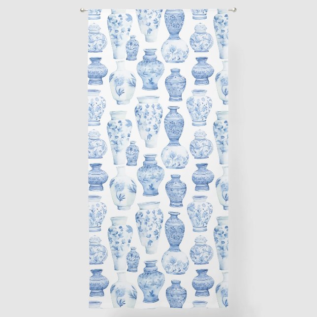 Blue and White Chinoiserie/ Delftware Pottery Thro Sheer Curtains (Front)