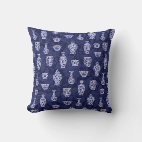 Blue and White Chinoiserie Delftware Pottery Throw Pillow