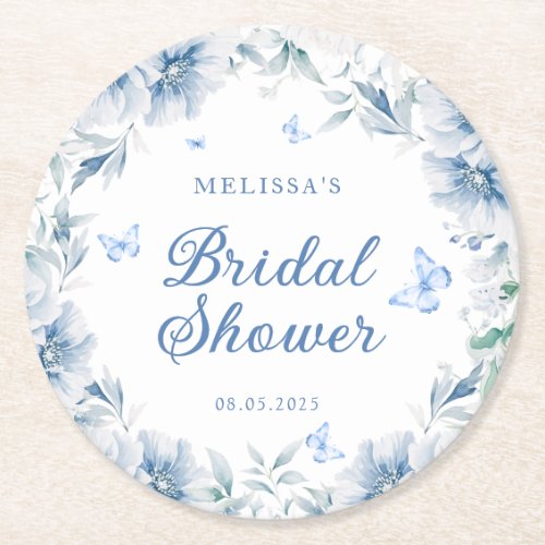 Blue and White Chinoiserie Elegant Bridal Shower Round Paper Coaster