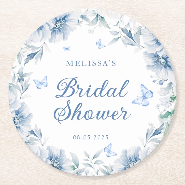 Blue and White Chinoiserie Elegant Bridal Shower Round Paper Coaster (Front)