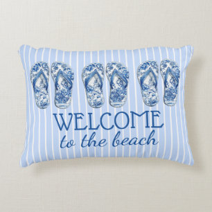 Blue and White Chinoiserie Flip Flops on Stripes Accent Pillow