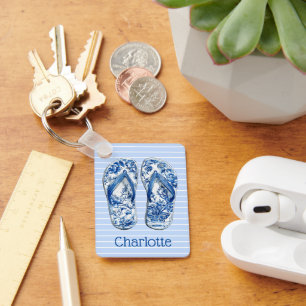 Blue and White Chinoiserie Flip Flops on Stripes Keychain