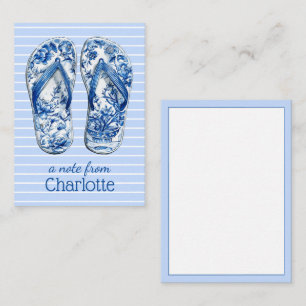 Blue and White Chinoiserie Flip Flops on Stripes Note Card