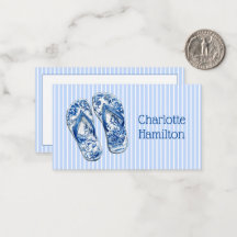 Blue and White Chinoiserie Flip Flops on Stripes