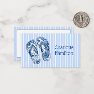 Blue and White Chinoiserie Flip Flops on Stripes Note Card