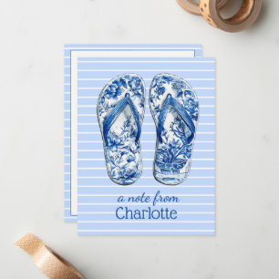 Blue and White Chinoiserie Flip Flops on Stripes Note Card