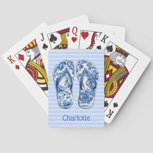 Blue and White Chinoiserie Flip Flops on Stripes Poker Cards