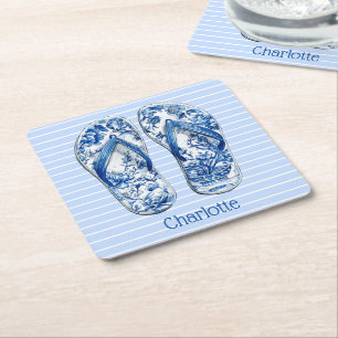 Blue and White Chinoiserie Flip Flops on Stripes Square Paper Coaster