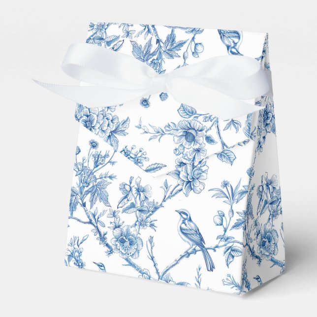 Blue and White Chinoiserie Floral Birds Favor Boxes (Front Side)