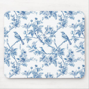 Blue and White Chinoiserie Floral Birds Mouse Pad