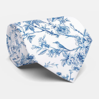 Blue and White Chinoiserie Floral Birds Neck Tie