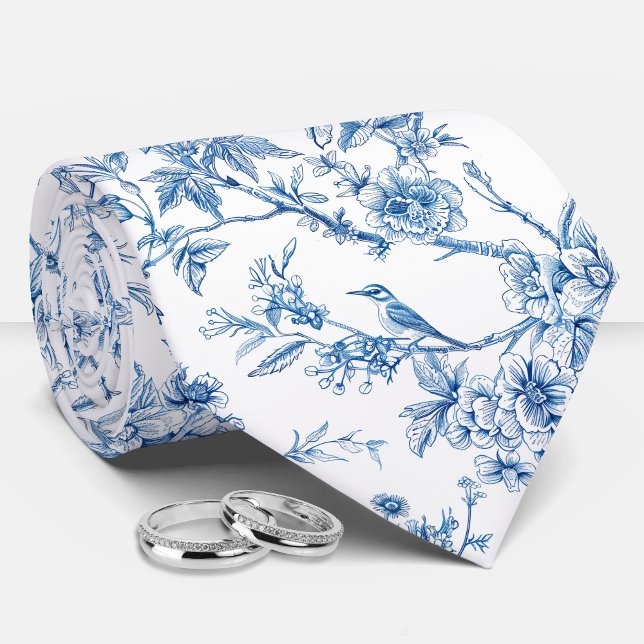 Blue and White Chinoiserie Floral Birds Neck Tie (Creator Uploaded)