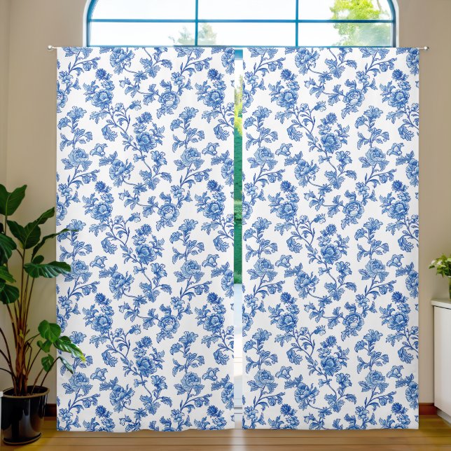 Blue and White Chinoiserie Floral  Blackout Curtains (Living Room)