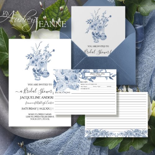 Blue and White Chinoiserie Floral Bridal Recipe Invitation