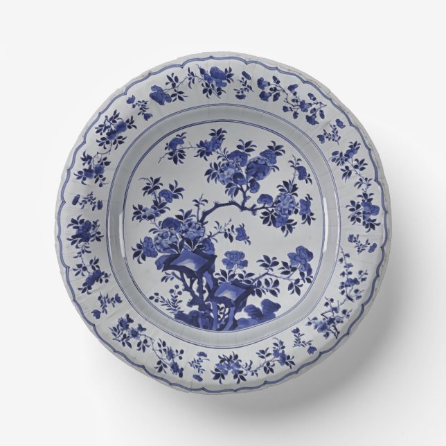 Blue and White Chinoiserie Floral Faux China Paper Bowls (Front)